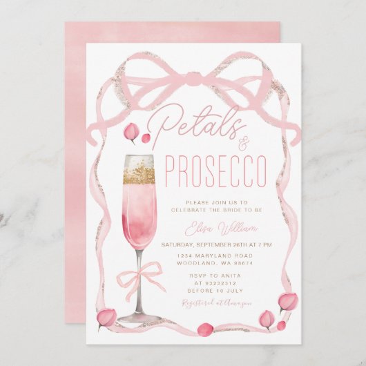 Petals und Prosecco Pink Bow Brautparty Einladung (Vorne/Hinten)