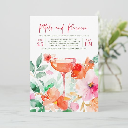 Petals und Prosecco Rosa Brautparty Einladung (Stehend Vorderseite)