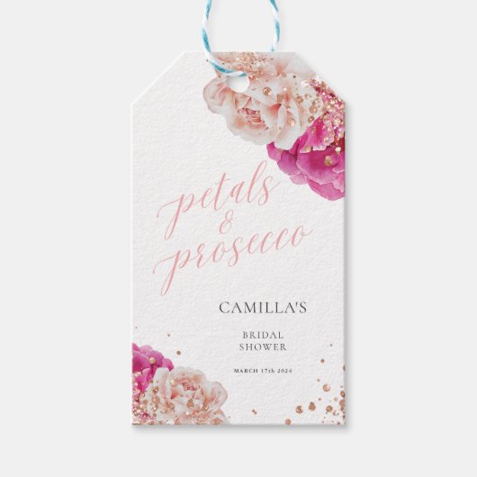 Petals und Prosecco Script Funkelnd rosa Blütenblä Geschenkanhänger (Vorderseite)
