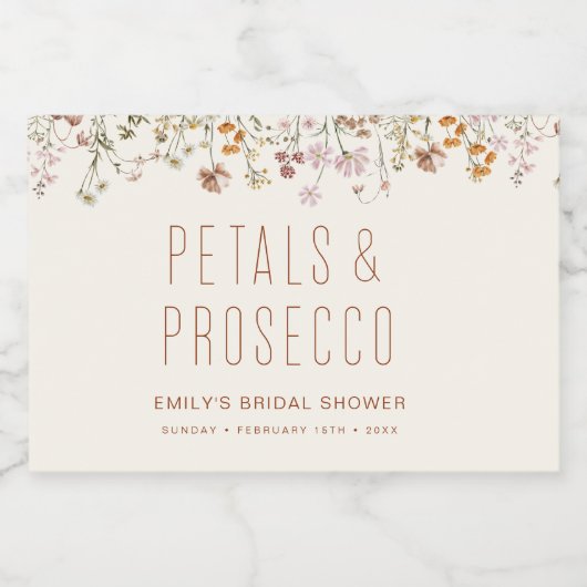 Petals und Prosecco-Wildblume Brautparty Schaumweinetikett (Einzelnes Label)