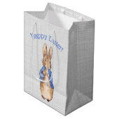 Peter das Kaninchen graue Leinen Happy Oaster Mittlere Geschenktüte (Vorderseite Schrägansicht)