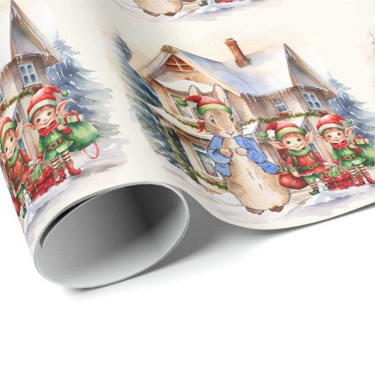 Peter das Kaninchen mit den Weihnachtelfen Geschenkpapier (Rolleneckpunkt)