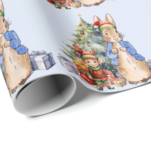 Peter das Kaninchen mit Elf und Weihnachtsbaum Geschenkpapier (Rolleneckpunkt)