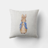 Peter das Kaninchen mit grauem Leinenhintergrund Kissen (Rückseite)