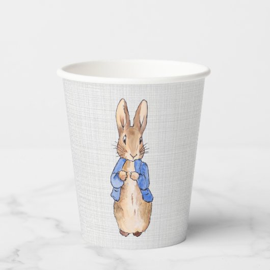 Peter das Kaninchen mit grauer Leinenstruktur Pappbecher (Vorderseite)