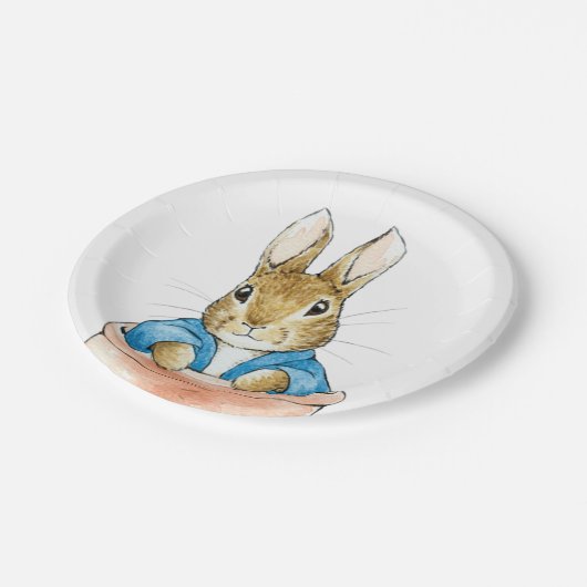 Peter das Kaninchen sitzt in einem Topf Pappteller (Schrägansicht)