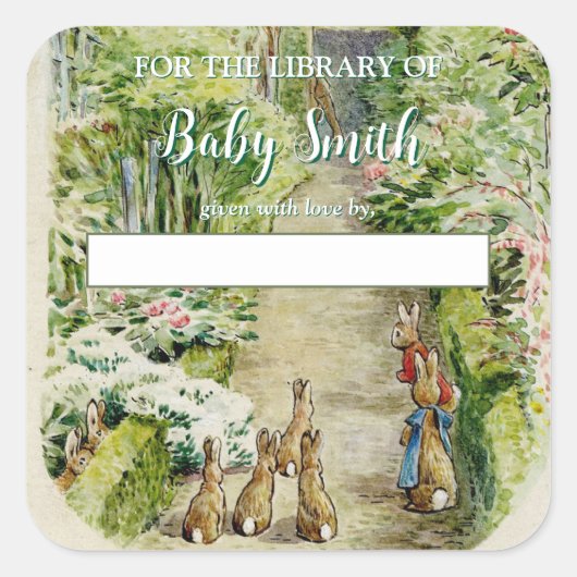 Peter das Rabbit Garden Baby Shower Buchzeichen Quadratischer Aufkleber (Vorderseite)