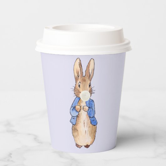 Peter der Kaninchen bläst die weiße Blase Pappbecher (Rückseite)