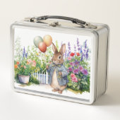 Peter der Kaninchen blaue Jackenballons Garten Metall Brotdose (Vorderseite)