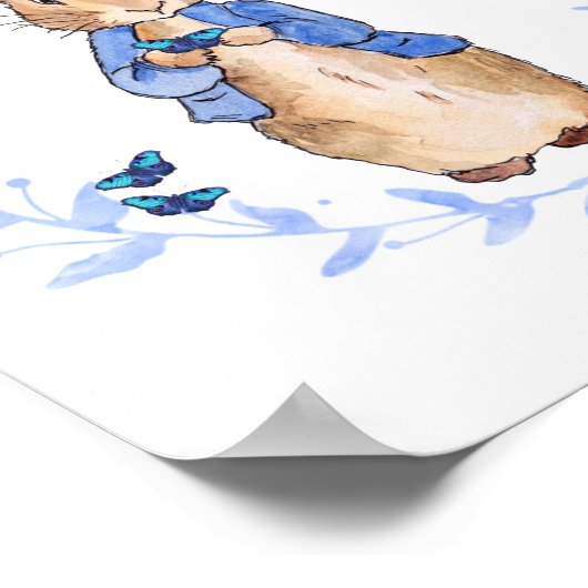 Peter der Kaninchen, der einen blauen Schmetterlin Poster (Ecke)