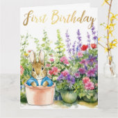 Peter der Kaninchen in Topin Pflanze in seinem Gar Karte (Gelbe Blume)