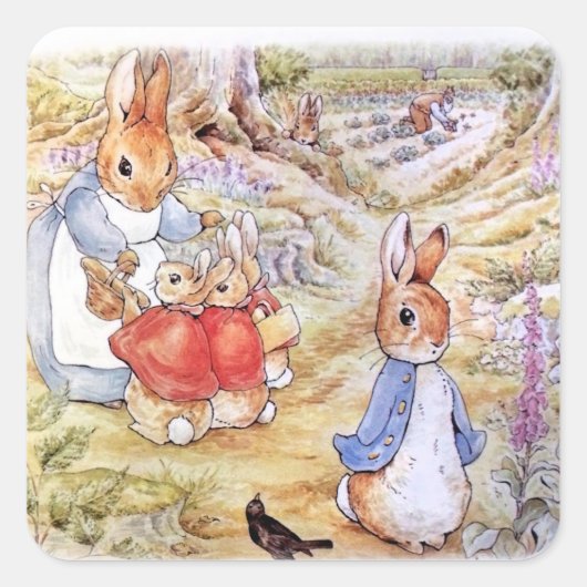 Peter der Kaninchen mit Josephine Bunny im Wald Quadratischer Aufkleber (Vorderseite)