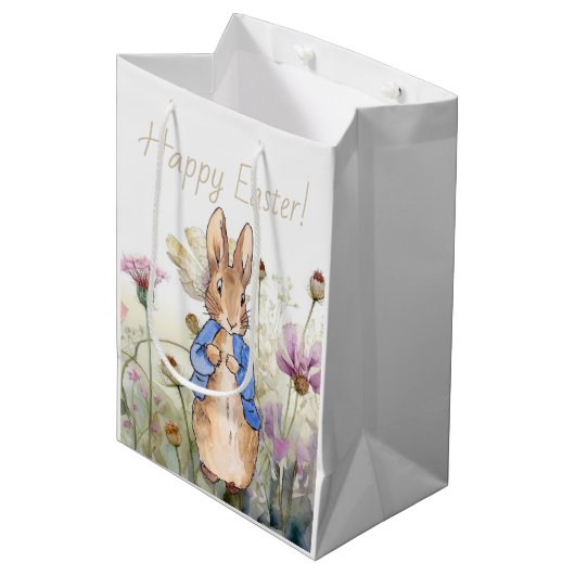 Peter der Kaninchen Wildblumen Glücklich Ostern Mittlere Geschenktüte (Vorderseite Schrägansicht)