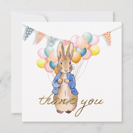 Peter der Kaninchenballons und bunte Fahnen Dankeskarte (Vorderseite)
