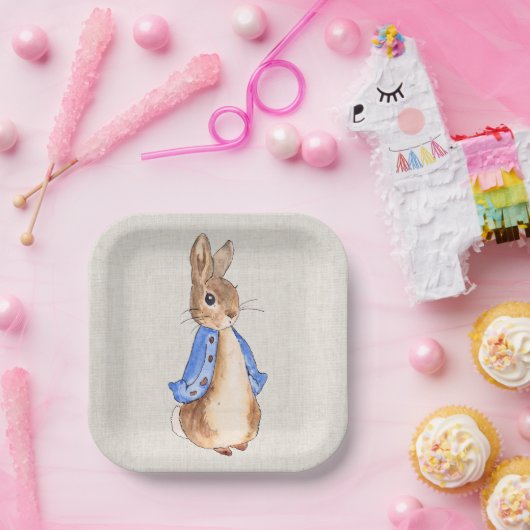 Peter der Kaninchenleinenhintergrund Pappteller (Party)