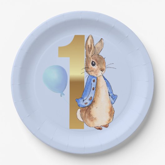 Peter der Rabbit 1. Geburtstag Blauer Ballon Pappteller (Vorderseite)