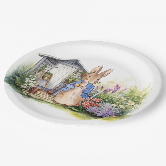Peter der Rabbit-Gartenschuppen Pappteller (Schrägansicht)