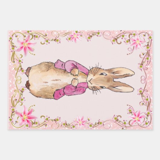 Peter der Rabbit Pink Jacke Blumenrahmen Geschenkpapier Set (Vorderseite 2)