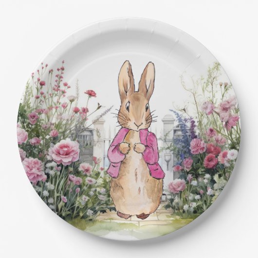 Peter der Rabbit Pink Jacket in seinem Garten Pappteller (Vorderseite)