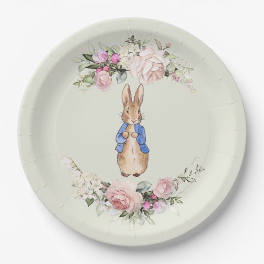 Peter der Rabbit rosa Blumenkranz Pappteller (Vorderseite)
