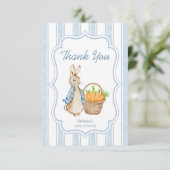 Peter Kaninchen Dusty Blue Stripes Babydusche Dankeskarte (Stehend Vorderseite)