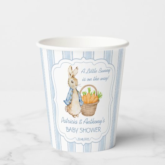 Peter Kaninchen staubige blaue Streifen Babydusche Pappbecher (Rückseite)