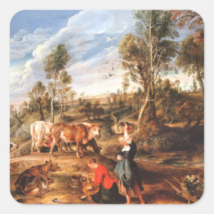 Peter Paul Rubens Milkmaids mit Rindern in einem L Quadratischer Aufkleber