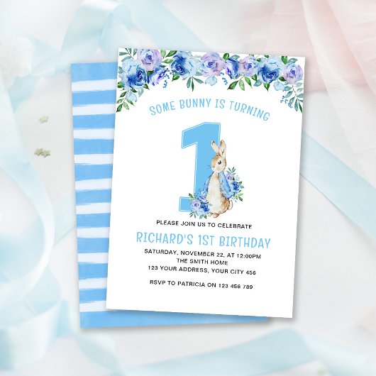 Peter Rabbit 1. Birthday Blue Floral Einladung