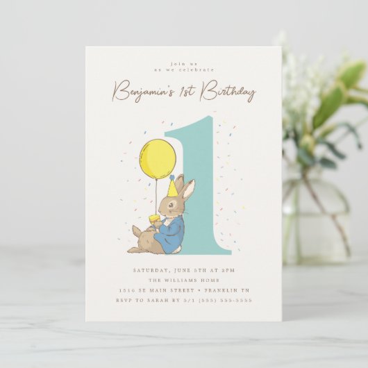 Peter Rabbit 1. Geburtstag Confetti Einladung (Stehend Vorderseite)