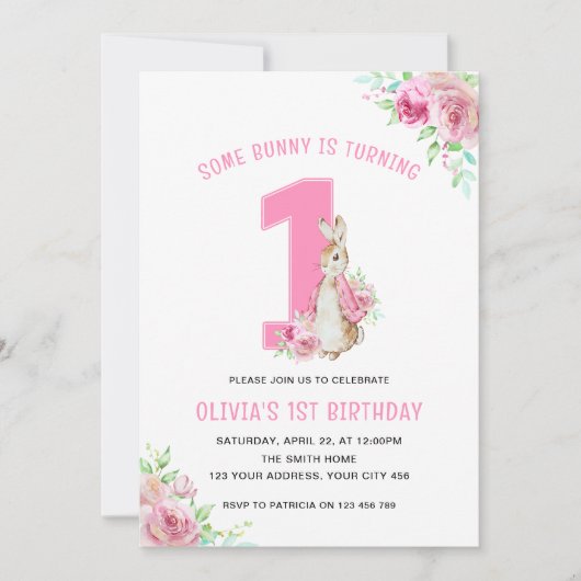 Peter Rabbit | 1. Geburtstag Rosa Einladung (Vorderseite)