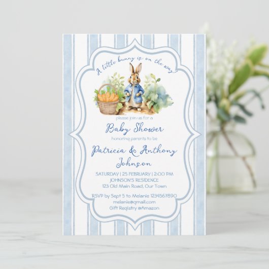 Peter rabbit baby boy baby shower invitation einladung (Stehend Vorderseite)