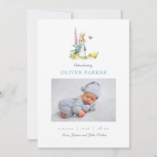 Peter Rabbit Baby Boy Foto Geburtsankündigung Ankündigung (Vorderseite)