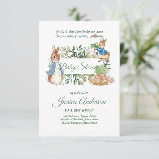 Peter Rabbit BABY SHOWER Einladungen Junge oder Mä (Stehend Vorderseite)