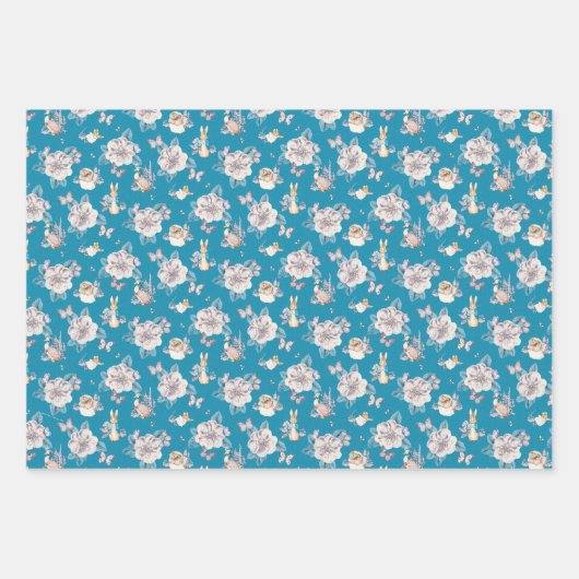 Peter Rabbit | Blaues Blumengartenmuster Geschenkpapier Set (Vorderseite 2)