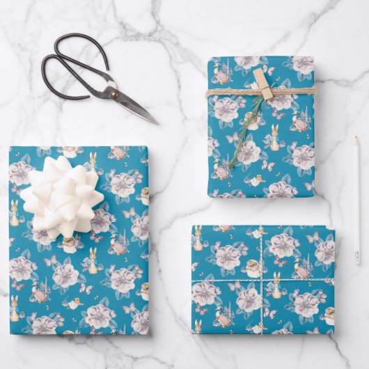 Peter Rabbit | Blaues Blumengartenmuster Geschenkpapier Set (Vorderseite)