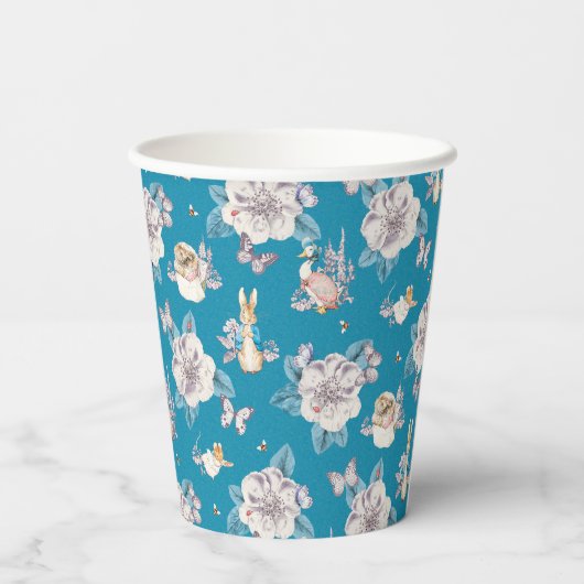 Peter Rabbit | Blaues Blumengartenmuster Pappbecher (Rückseite)
