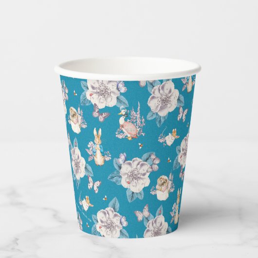 Peter Rabbit | Blaues Blumengartenmuster Pappbecher (Vorderseite)