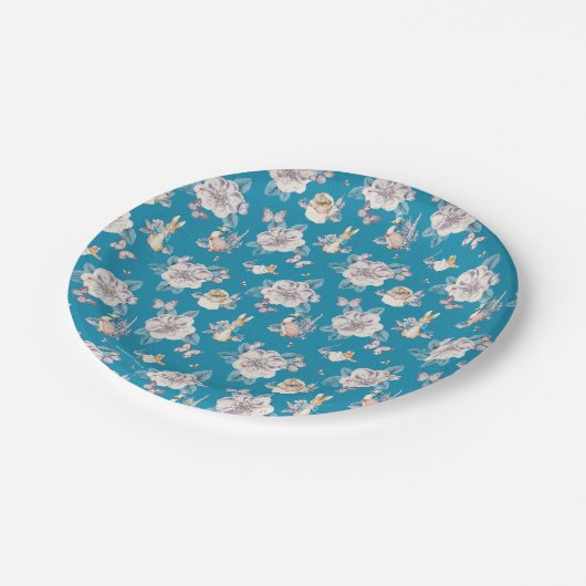Peter Rabbit | Blaues Blumengartenmuster Pappteller (Schrägansicht)
