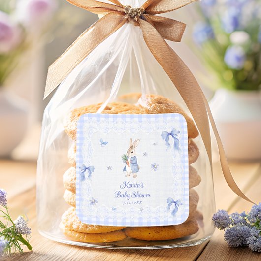 Peter Rabbit Blue Gingham Baby Shower Thank You Quadratischer Aufkleber