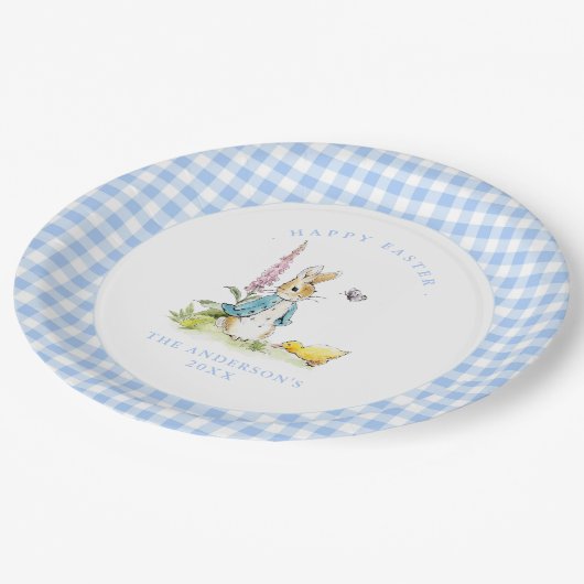 Peter Rabbit Blue Gingham Grenzer Ostern Pappteller (Schrägansicht)