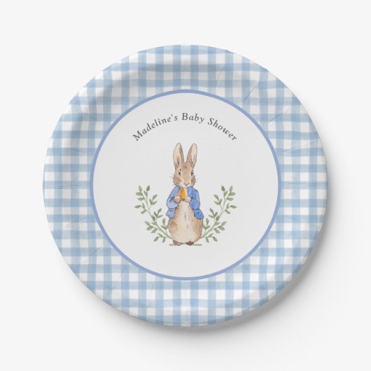 Peter Rabbit Blue White Gingham Baby Shower Pappteller (Vorderseite)