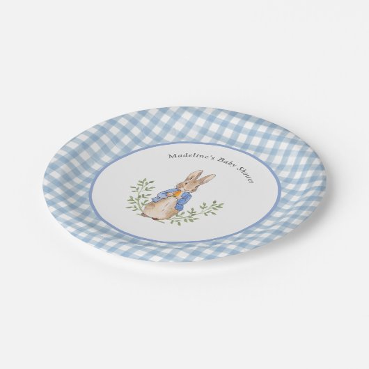 Peter Rabbit Blue White Gingham Baby Shower Pappteller (Schrägansicht)