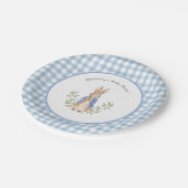 Peter Rabbit Blue White Gingham Baby Shower Pappteller (Schrägansicht)