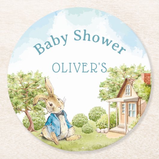 Peter Rabbit Boy Baby Shower Runder Pappuntersetzer (Vorderseite)