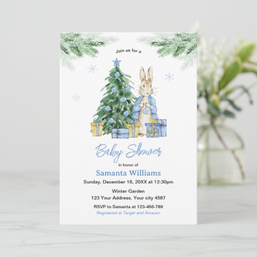 Peter Rabbit Christmas Baby Shower Einladung (Stehend Vorderseite)