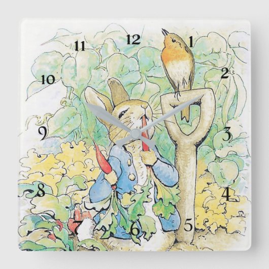 "Peter Rabbit Eats a Carrot" von Beatrix Potter Quadratische Wanduhr (Vorderseite)