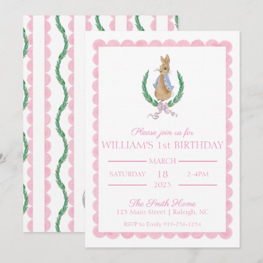 Peter Rabbit Einladung zum ersten Geburtstag (Vorne/Hinten)