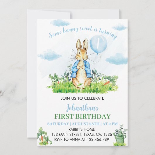 Peter Rabbit Einladung zum ersten Geburtstag (Vorderseite)