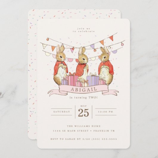 Peter Rabbit | Flopsy Mopsy & Cottontail Geburtsta Einladung (Vorne/Hinten)