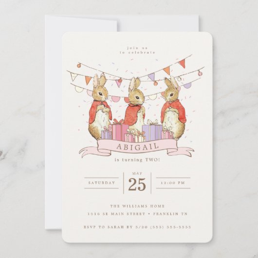 Peter Rabbit | Flopsy Mopsy & Cottontail Geburtsta Einladung (Vorderseite)